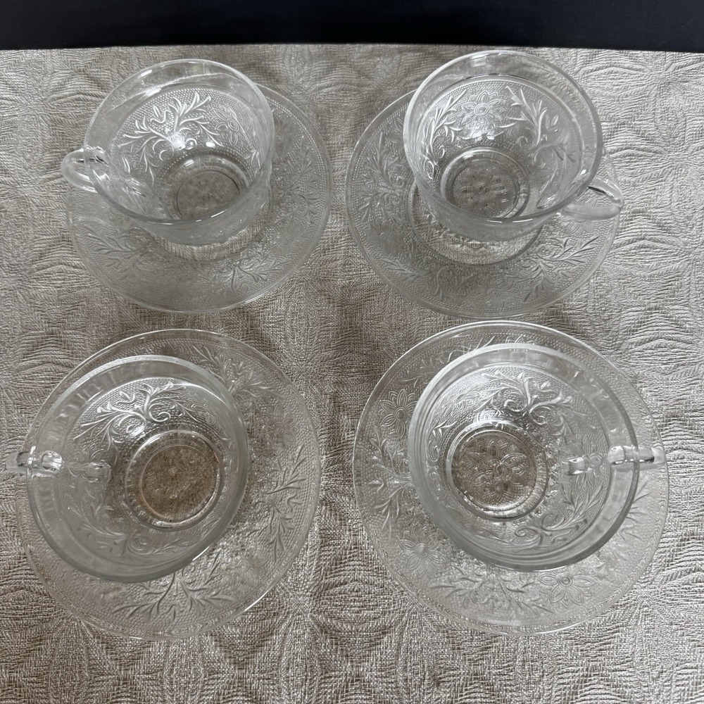 Indiana Glass Tiara Glass Sandwich 2 5/8" Cup & Saucer - 4 Sets Depression Glass - Picture 2 of 5